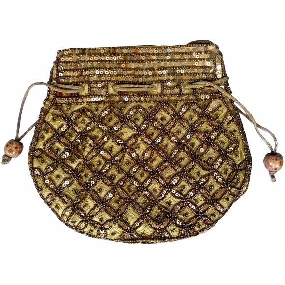 Potli Bag Drawstring Purse Gold Thread Sequin Embroidery, Golden 10674 UwU - Picture 1 of 5